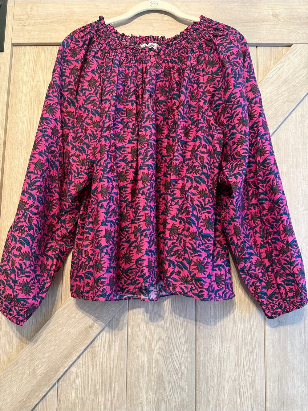Apiece Apart Fuchsia and Navy Floral Smocked-Neck Blouse
